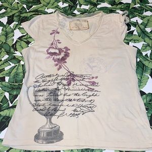 For Love and Liberty Cap-Sleeve V-Neck Top with Embroidery & Sewn-On Fabric